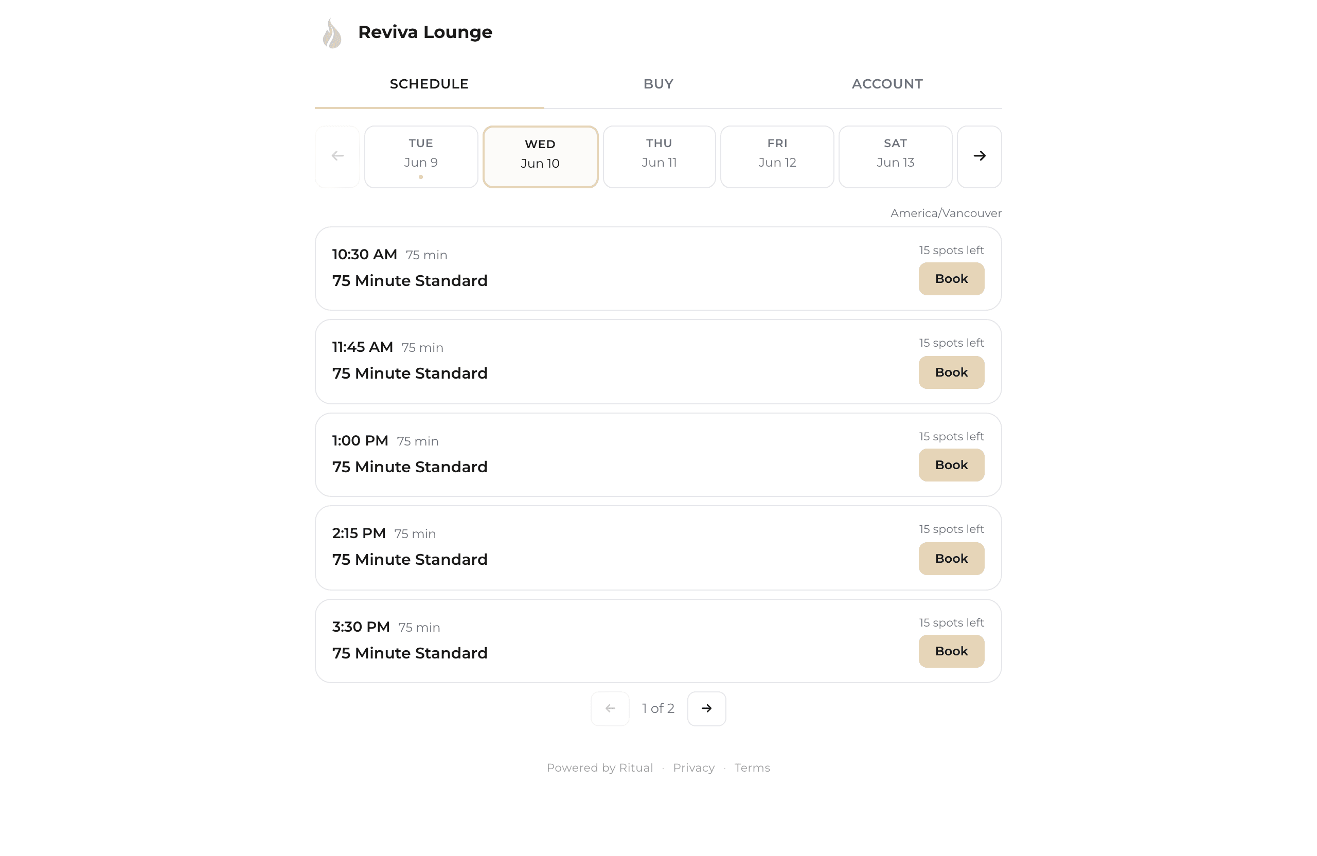 Ritual booking widget showing a week of bookable classes on a studio's website